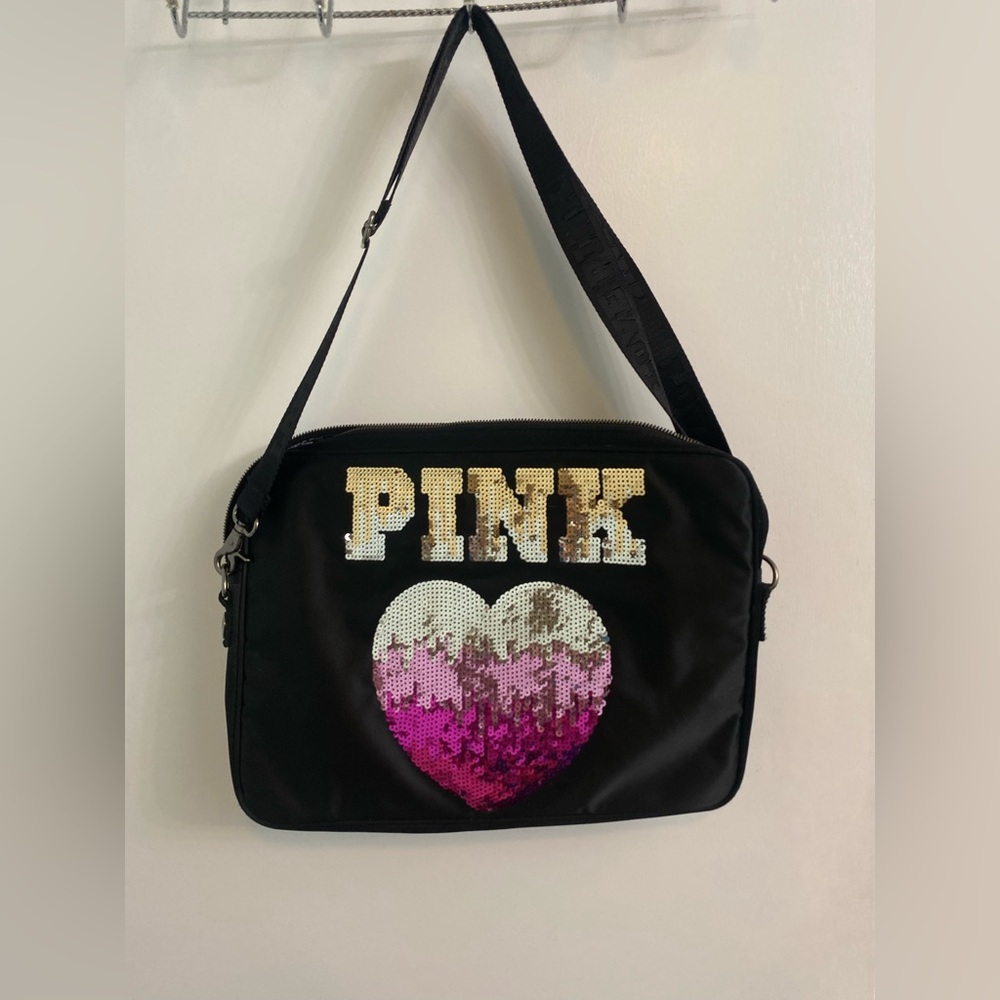 PINK Victoria's Secret -- Sequin Heart Black Crossbody Shoulder Bag